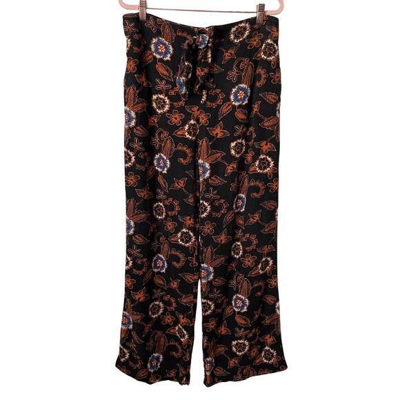 Anthropologie Pants Womens Size 10 Black Floral Linen Blend Wide Leg Boho Retro - Picture 1 of 12